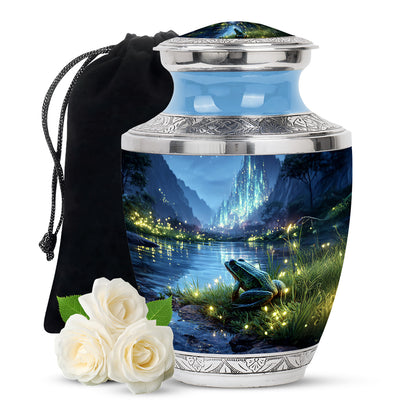 Powder Blue Frog Cremation Urn side profile showing urn shape - modern art-inspired frog motif on sleek aluminum - full-size 10 inch 200 cubic inch adult cremation urn