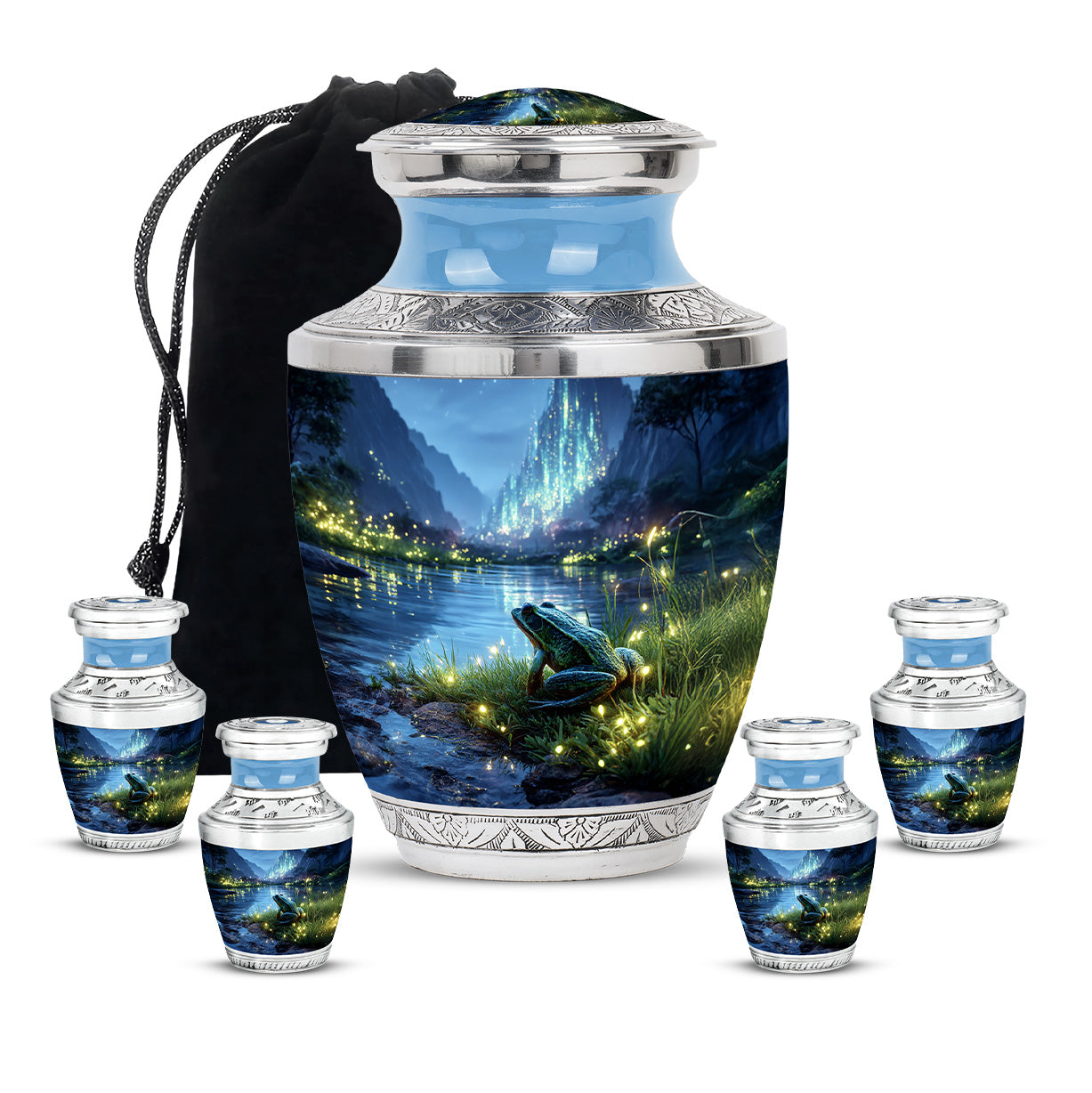 Navy Blue Frog Cremation Urn lifestyle display on memorial shelf - contemporary frog design with modern artistic flair - memorial set with one large and four small urns