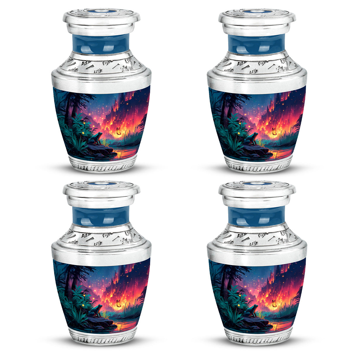 Royal Blue Frog Cremation Urn back view with polished surface - stylized abstract frog pattern with bold lines - 10 inch aluminum urn for cremated remains