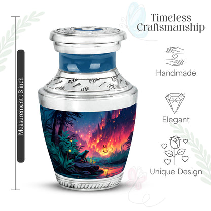 Vivid Blue Frog Cremation Urn top-down view of secure threaded lid - stylized abstract frog pattern with bold lines - mini keepsake memorial for portion of cremation ashes