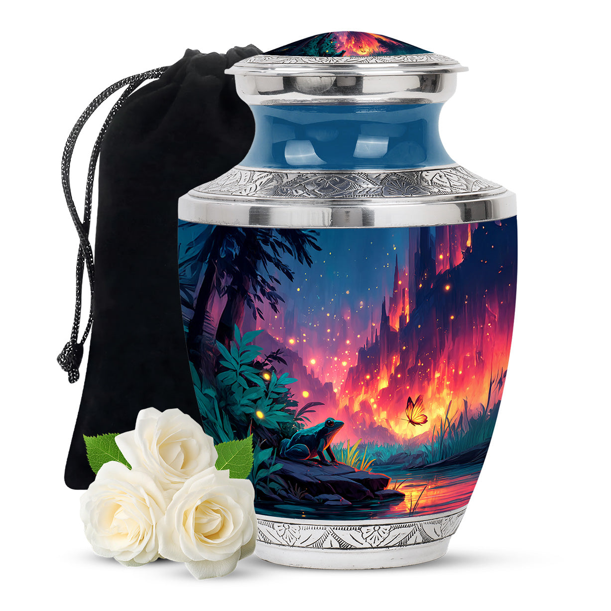 Slate Blue Frog Cremation Urn side profile showing urn shape - modern art-inspired frog motif on sleek aluminum - full-size 10 inch 200 cubic inch adult cremation urn