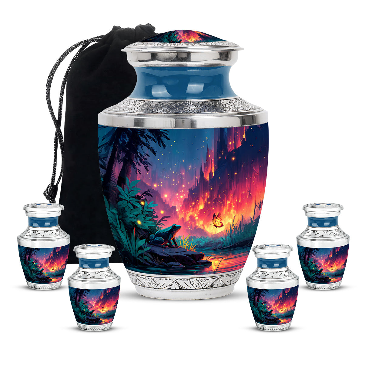 Vivid Blue Frog Cremation Urn lifestyle display on memorial shelf - artistic frog interpretation with creative detail - memorial set with one large and four small urns