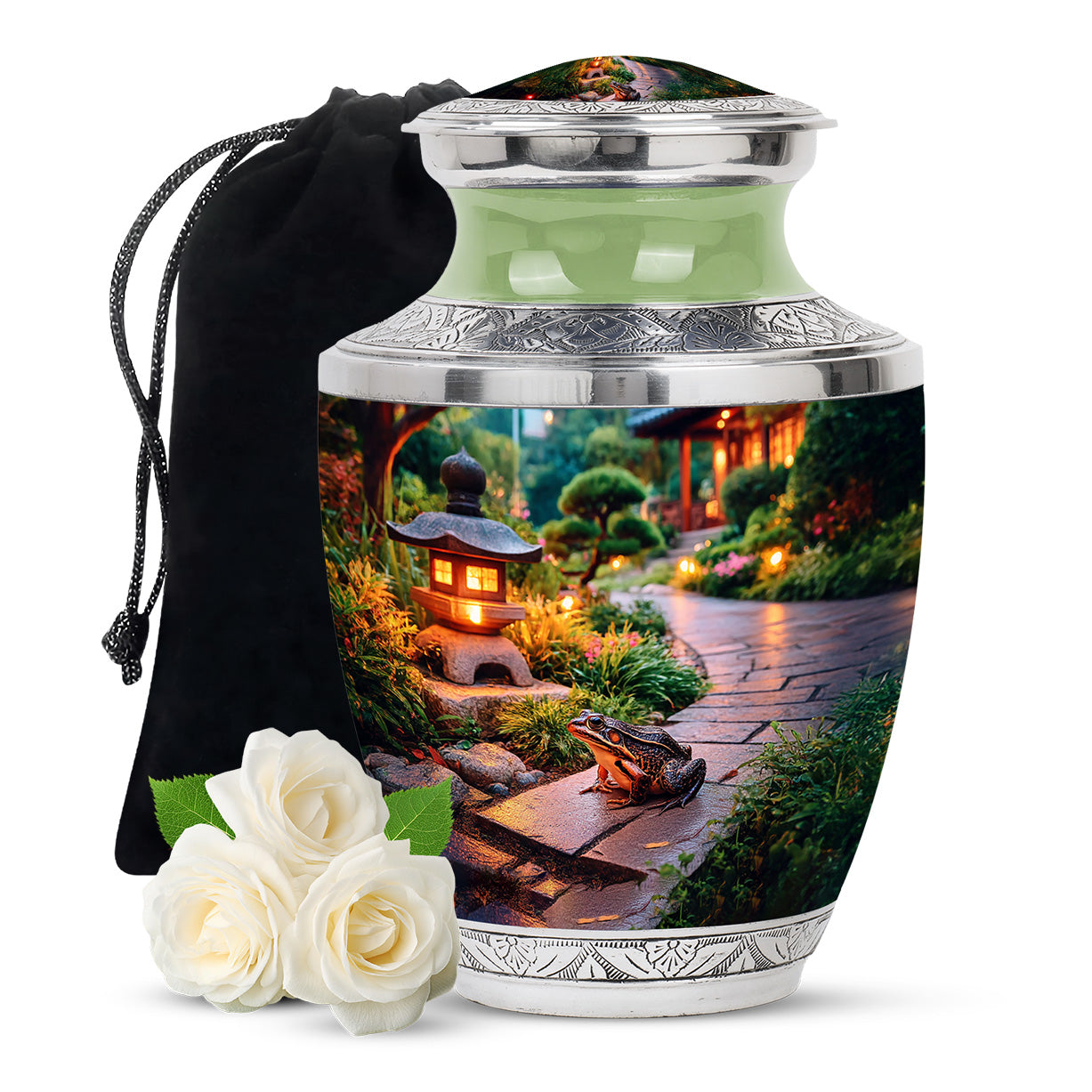 Marigold Yellow Frog Cremation Urn side profile showing urn shape - artistic frog interpretation with creative detail - full-size 10 inch 200 cubic inch adult cremation urn