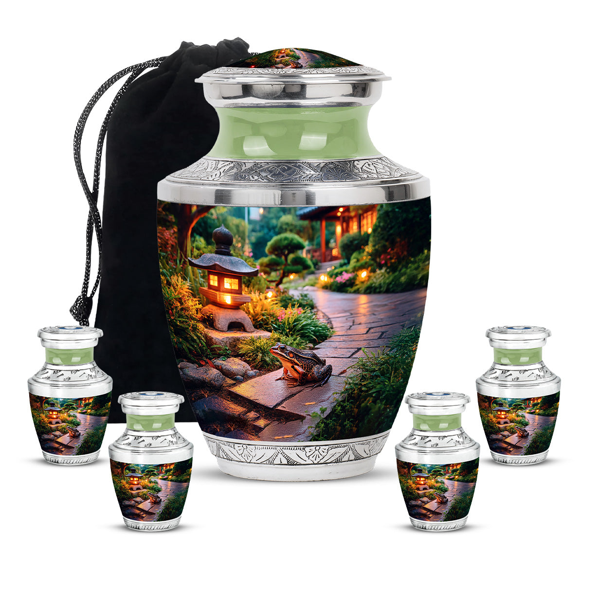 Soft Yellow Frog Cremation Urn lifestyle display on memorial shelf - artistic frog interpretation with creative detail - memorial set with one large and four small urns
