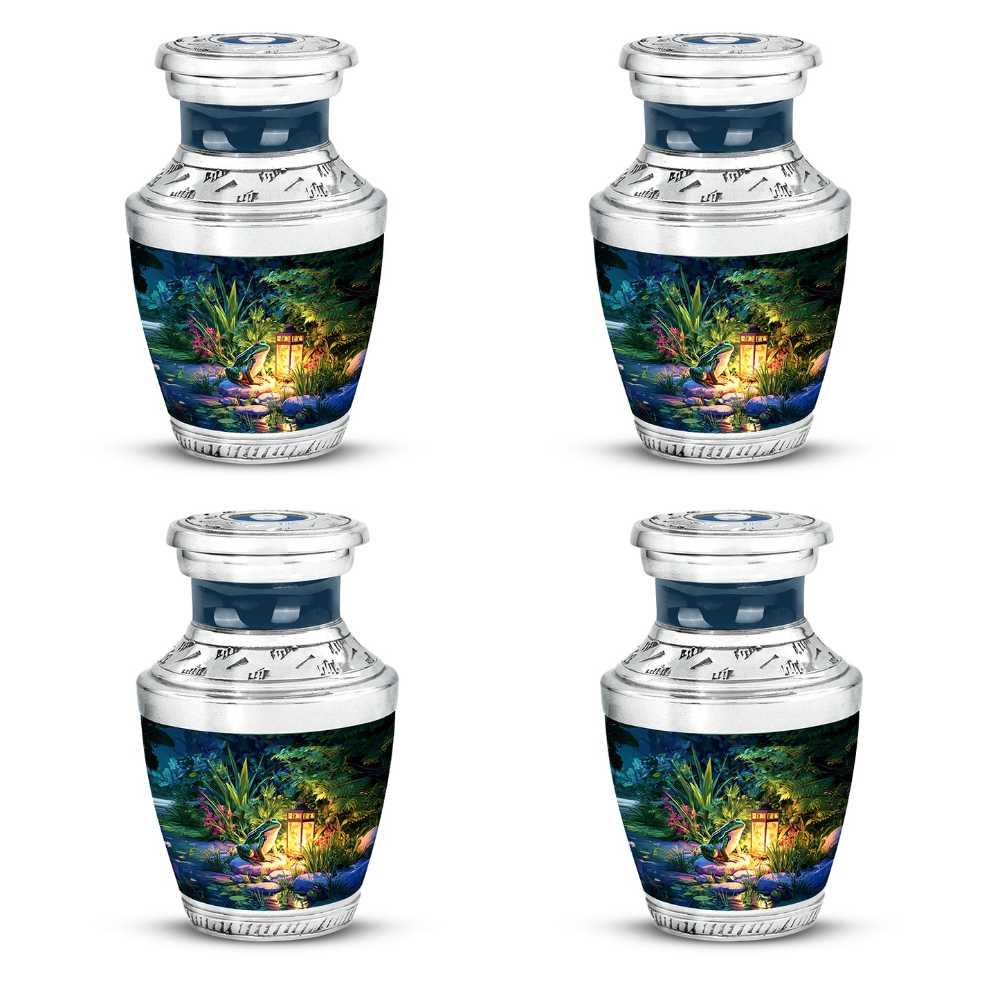 Navy Blue Frog Cremation Urn back view with polished surface - contemporary frog design with modern artistic flair - 10 inch aluminum urn for cremated remains