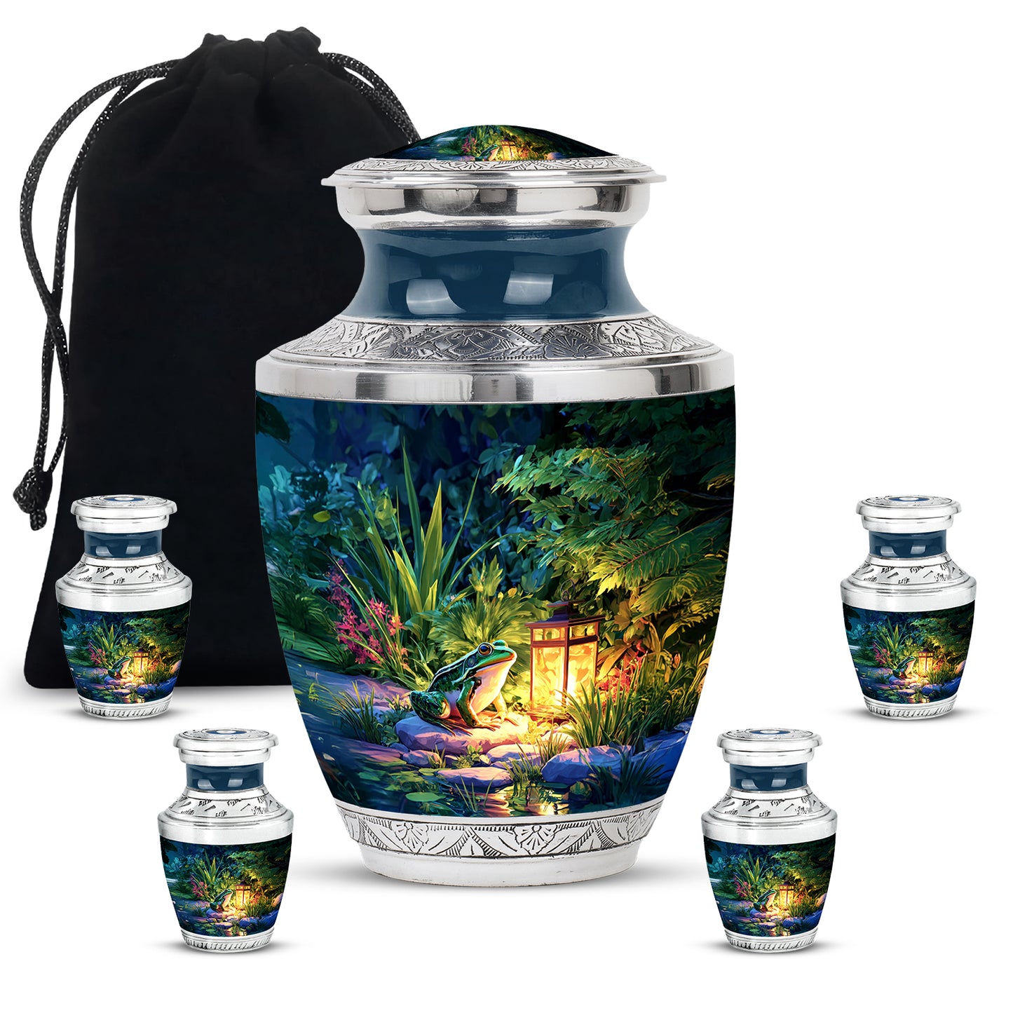 Serene Blue Frog Cremation Urn lifestyle display on memorial shelf - stylized abstract frog pattern with bold lines - memorial set with one large and four small urns