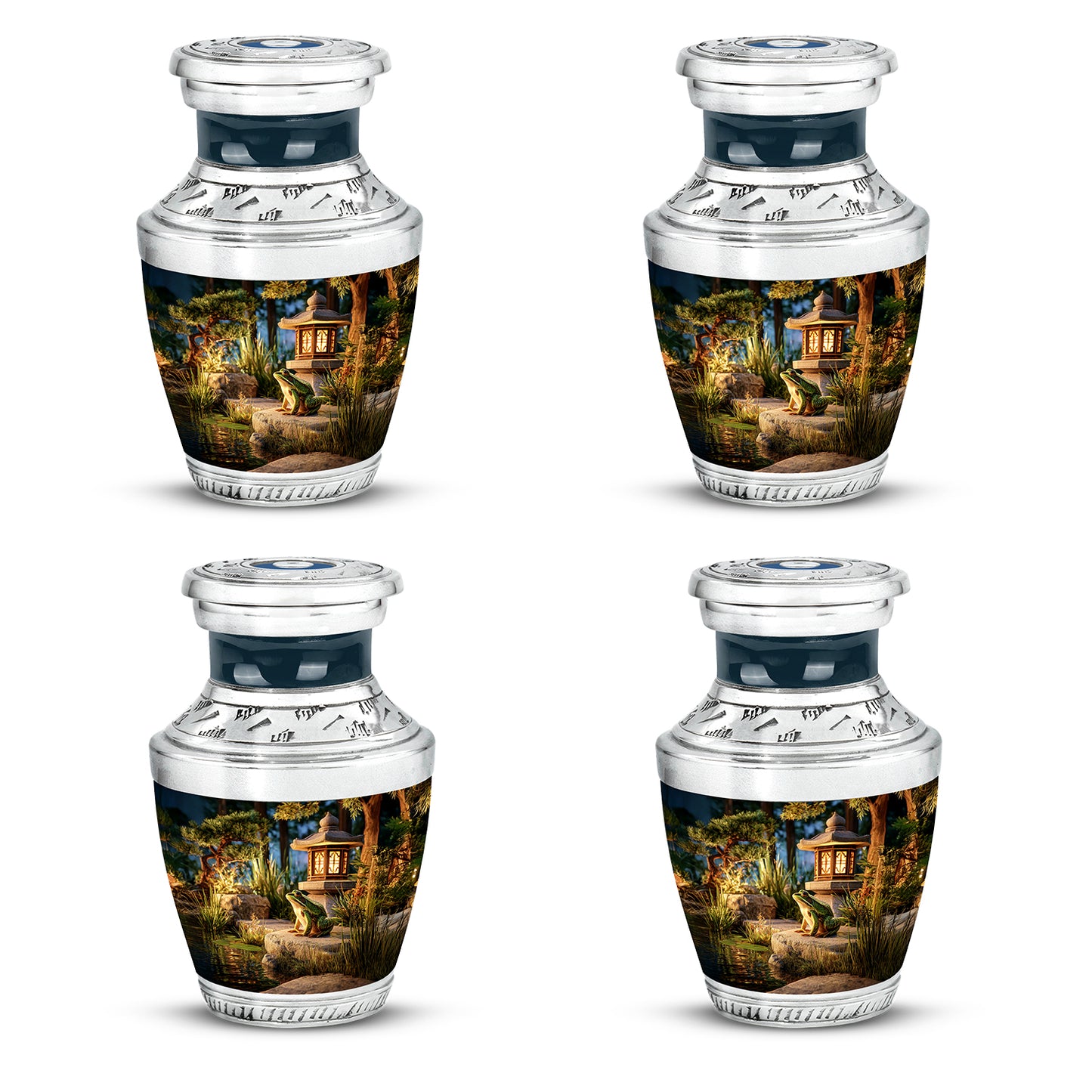 Warm Gold Frog Cremation Urn back view with polished surface - stylized abstract frog pattern with bold lines - 10 inch aluminum urn for cremated remains