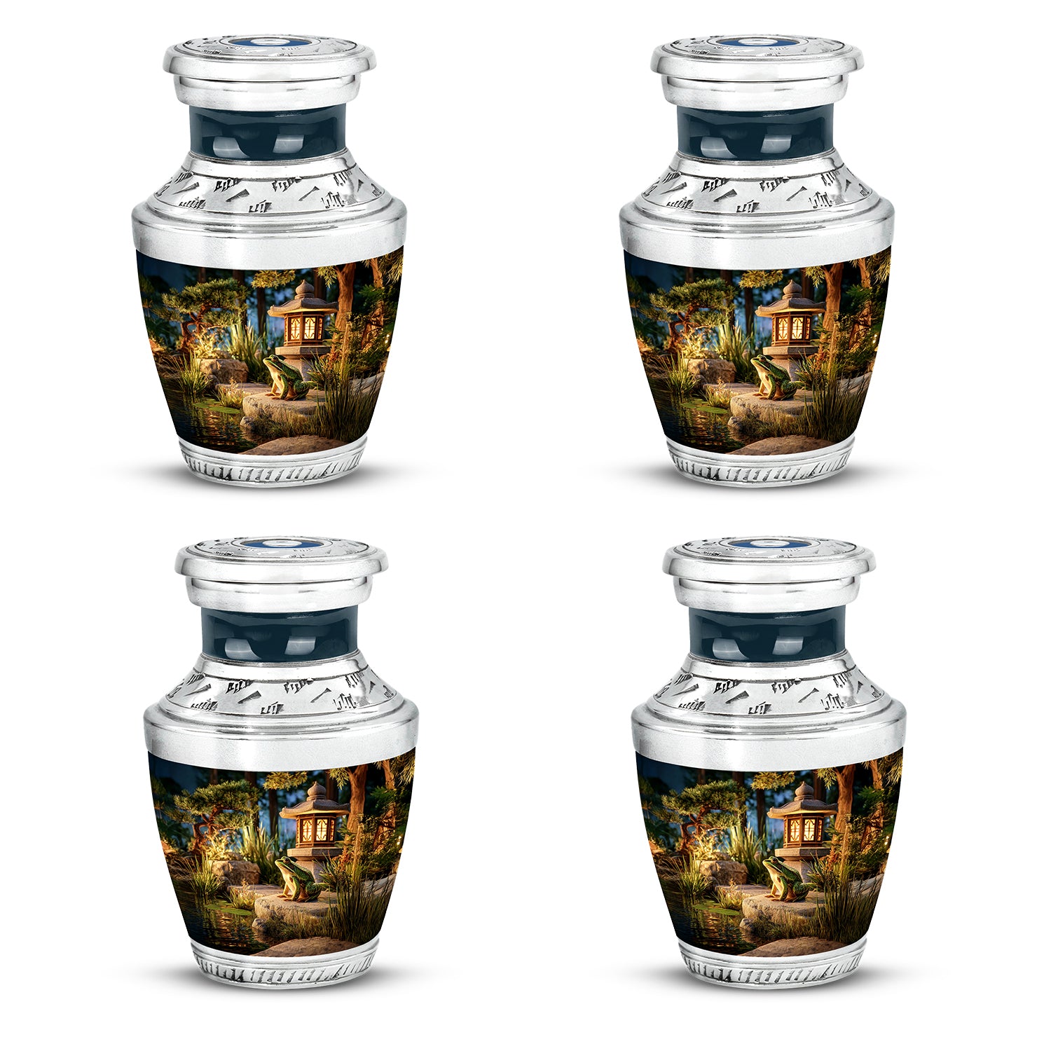 Warm Gold Frog Cremation Urn back view with polished surface - stylized abstract frog pattern with bold lines - 10 inch aluminum urn for cremated remains