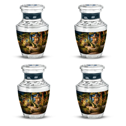 Warm Gold Frog Cremation Urn back view with polished surface - stylized abstract frog pattern with bold lines - 10 inch aluminum urn for cremated remains