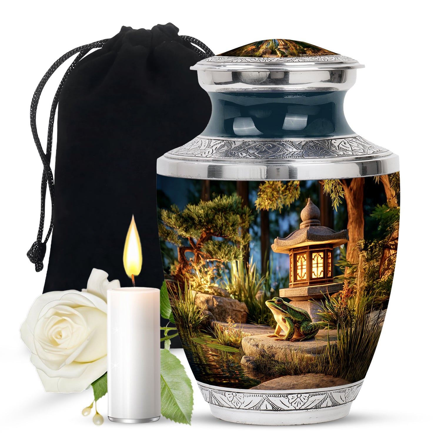 Champagne Gold Frog Cremation Urn side profile showing urn shape - modern art-inspired frog motif on sleek aluminum - full-size 10 inch 200 cubic inch adult cremation urn