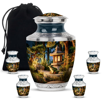 Gilded Gold Frog Cremation Urn lifestyle display on memorial shelf - contemporary frog design with modern artistic flair - memorial set with one large and four small urns
