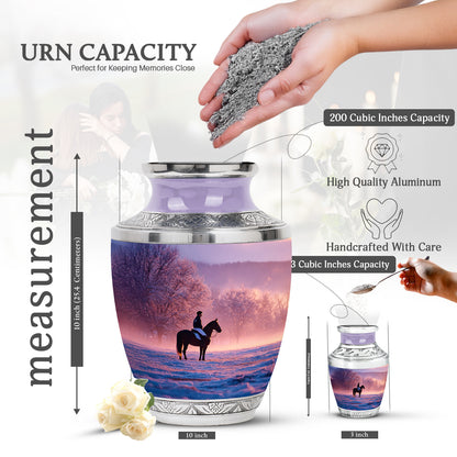 Lavender Purple Horse Polo Cremation Urn top-down view of secure threaded lid - artistic horse polo interpretation with creative detail - mini keepsake memorial for portion of cremation ashes