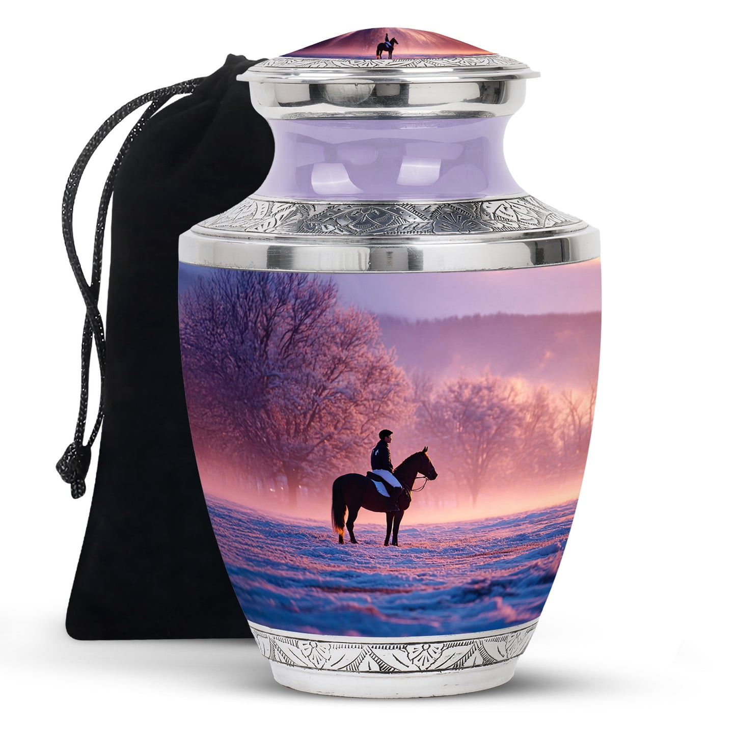 Orchid Purple Horse Polo Cremation Urn side profile showing urn shape - modern art-inspired horse polo motif on sleek aluminum - full-size 10 inch 200 cubic inch adult cremation urn