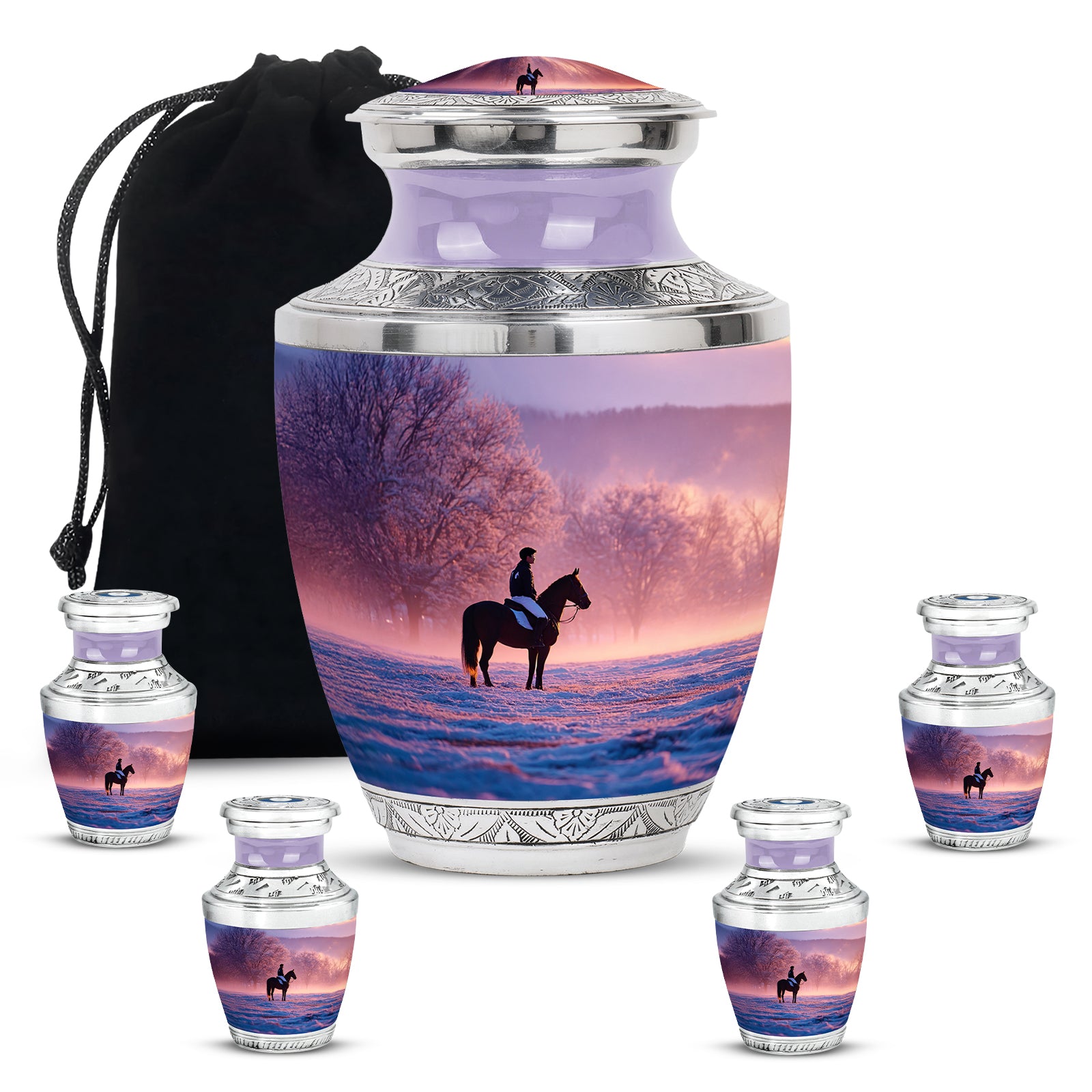 Violet Purple Horse Polo Cremation Urn lifestyle display on memorial shelf - stylized abstract horse polo pattern with bold lines - memorial set with one large and four small urns