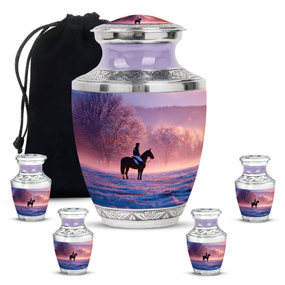 Violet Purple Horse Polo Cremation Urn lifestyle display on memorial shelf - stylized abstract horse polo pattern with bold lines - memorial set with one large and four small urns