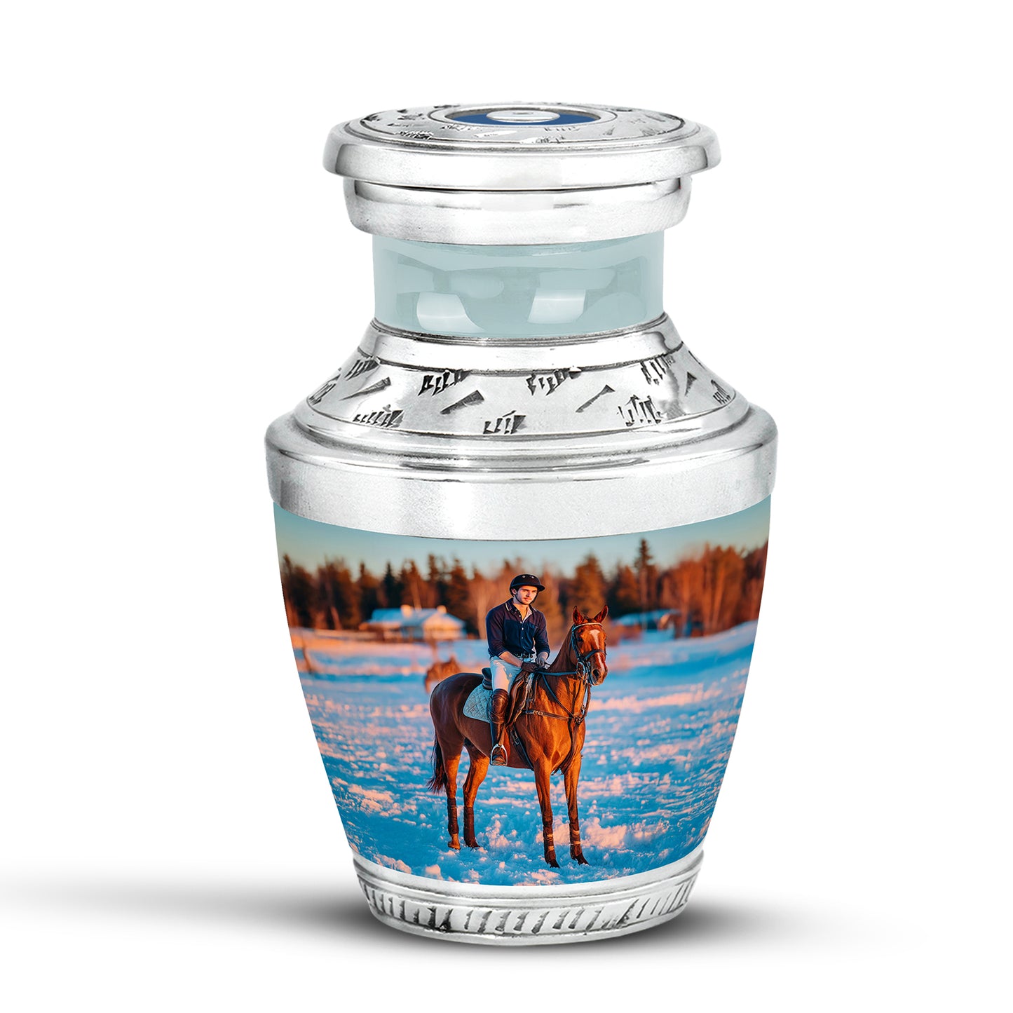 Personalized Silver Revered Horse Polo Cremation Urns for Human Ashes - 10-inch, 200 cu in - Yatskia