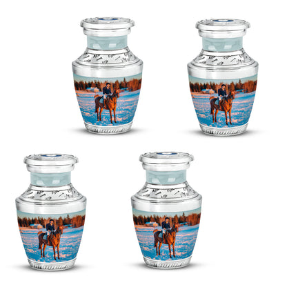 Polished Silver Horse Polo Cremation Urn back view with polished surface - artistic horse polo interpretation with creative detail - 10 inch aluminum urn for cremated remains