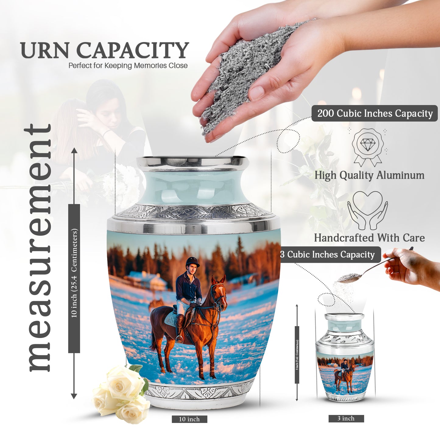 Moonlight Silver Horse Polo Cremation Urn top-down view of secure threaded lid - stylized abstract horse polo pattern with bold lines - mini keepsake memorial for portion of cremation ashes