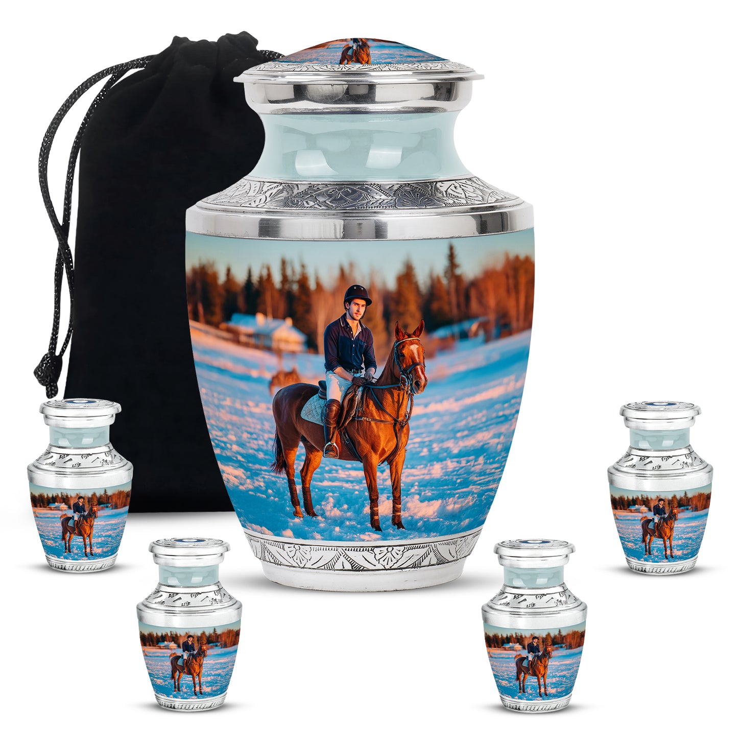 Polished Silver Horse Polo Cremation Urn lifestyle display on memorial shelf - stylized abstract horse polo pattern with bold lines - memorial set with one large and four small urns