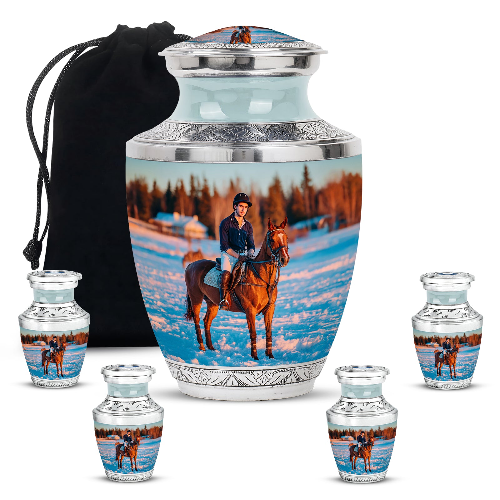 Polished Silver Horse Polo Cremation Urn lifestyle display on memorial shelf - stylized abstract horse polo pattern with bold lines - memorial set with one large and four small urns