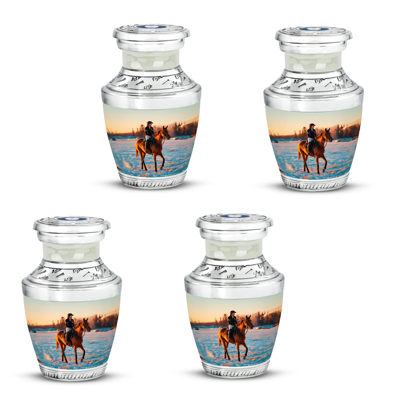 Satin Silver Horse Polo Cremation Urn back view with polished surface - modern art-inspired horse polo motif on sleek aluminum - 10 inch aluminum urn for cremated remains