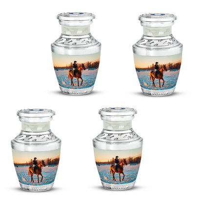 Satin Silver Horse Polo Cremation Urn back view with polished surface - modern art-inspired horse polo motif on sleek aluminum - 10 inch aluminum urn for cremated remains