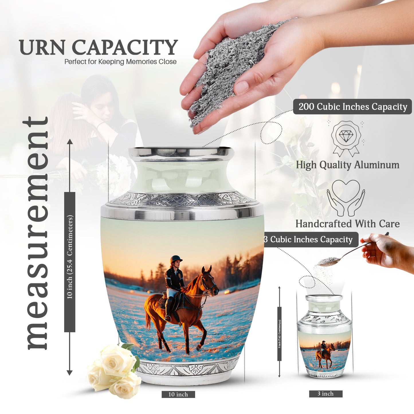 Moonlight Silver Horse Polo Cremation Urn top-down view of secure threaded lid - artistic horse polo interpretation with creative detail - mini keepsake memorial for portion of cremation ashes