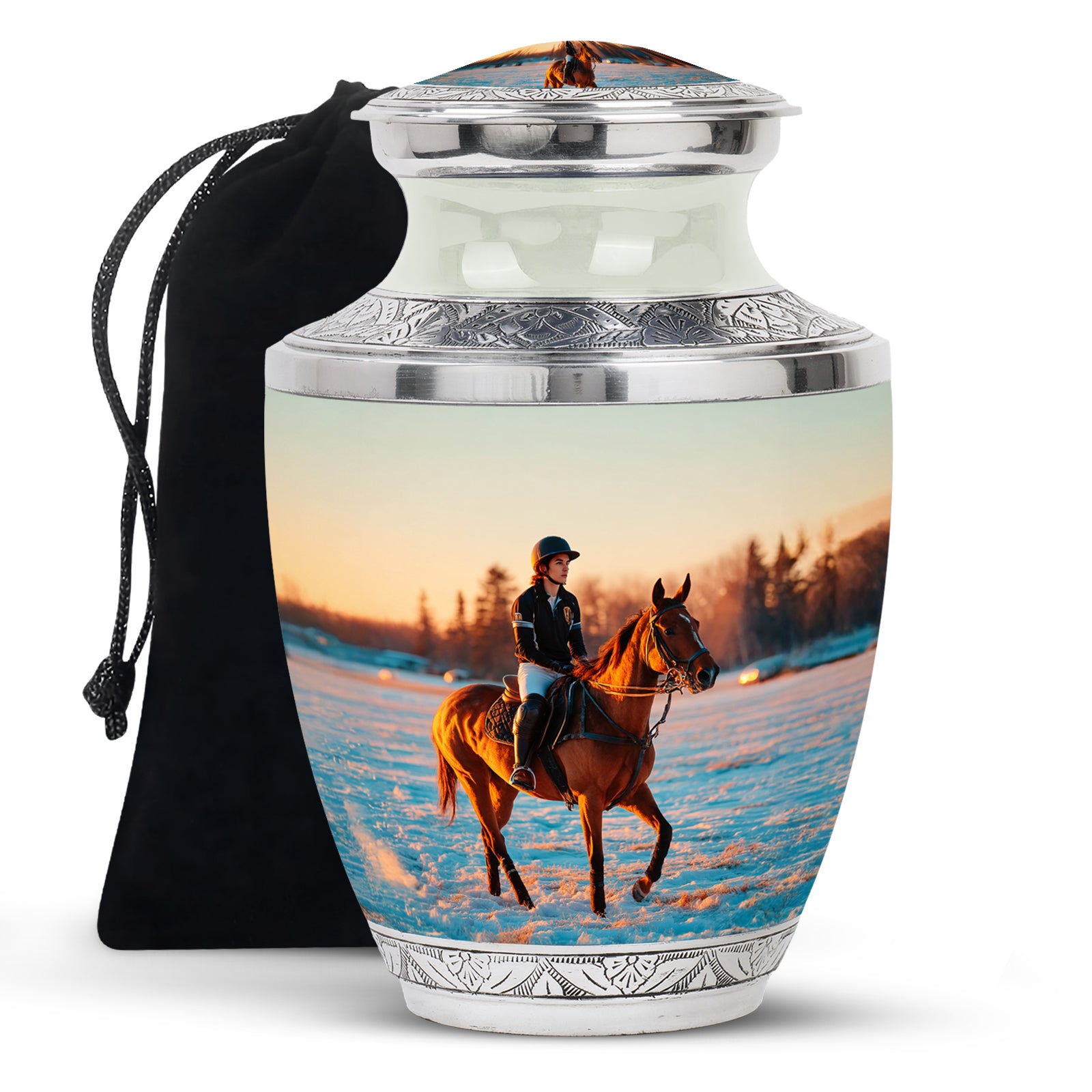 Satin Silver Horse Polo Cremation Urn side profile showing urn shape - contemporary horse polo design with modern artistic flair - full-size 10 inch 200 cubic inch adult cremation urn