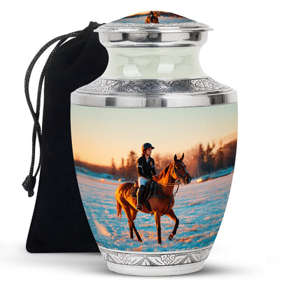 Satin Silver Horse Polo Cremation Urn side profile showing urn shape - contemporary horse polo design with modern artistic flair - full-size 10 inch 200 cubic inch adult cremation urn