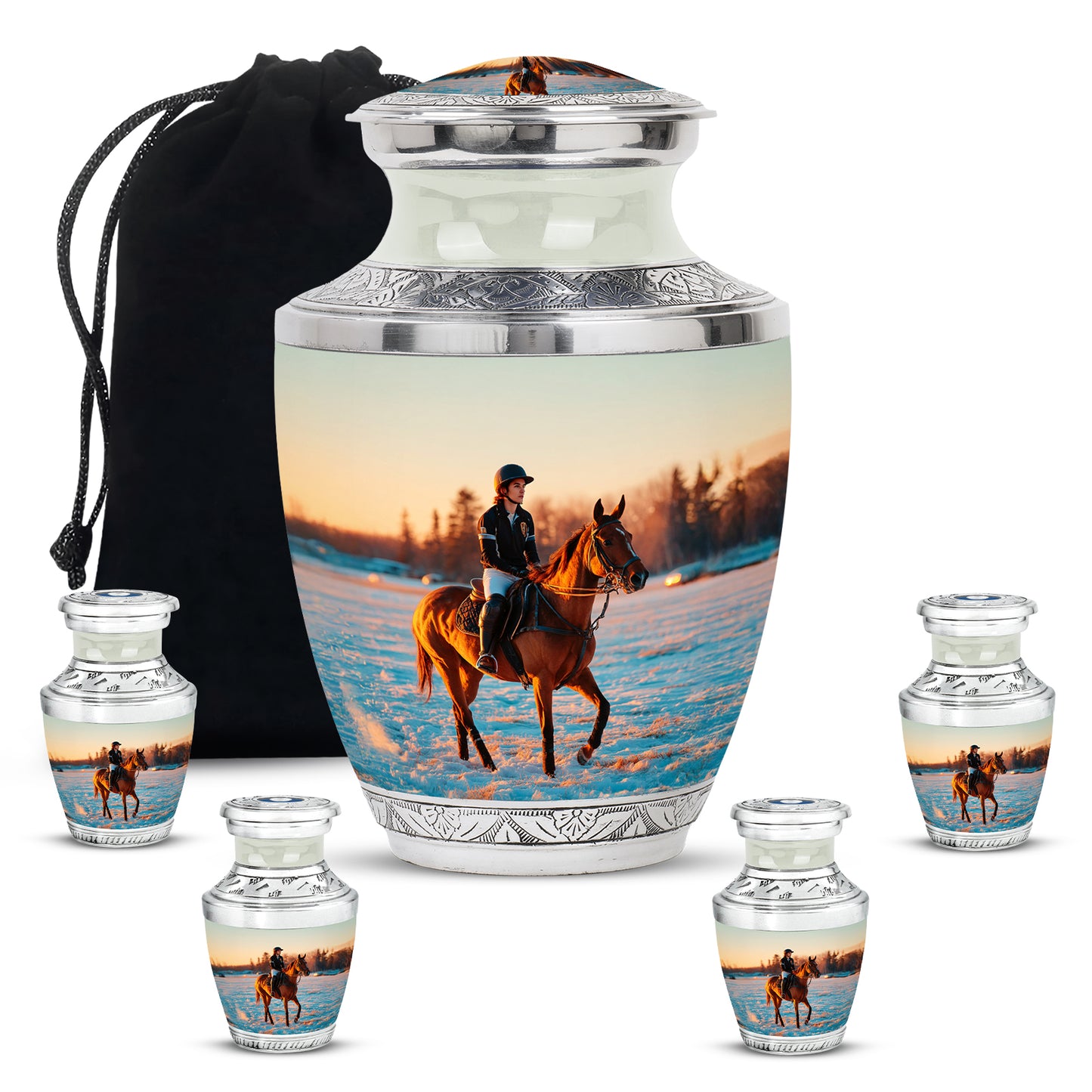 Satin Silver Horse Polo Cremation Urn lifestyle display on memorial shelf - contemporary horse polo design with modern artistic flair - memorial set with one large and four small urns