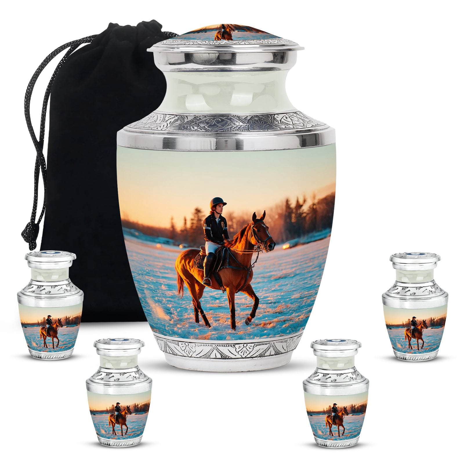 Satin Silver Horse Polo Cremation Urn lifestyle display on memorial shelf - contemporary horse polo design with modern artistic flair - memorial set with one large and four small urns