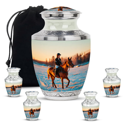 Satin Silver Horse Polo Cremation Urn lifestyle display on memorial shelf - contemporary horse polo design with modern artistic flair - memorial set with one large and four small urns