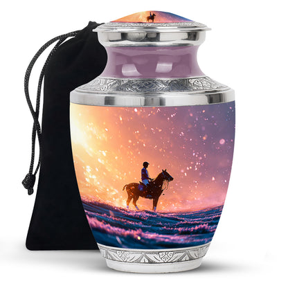Ruby Red Horse Polo Cremation Urn side profile showing urn shape - artistic horse polo interpretation with creative detail - full-size 10 inch 200 cubic inch adult cremation urn