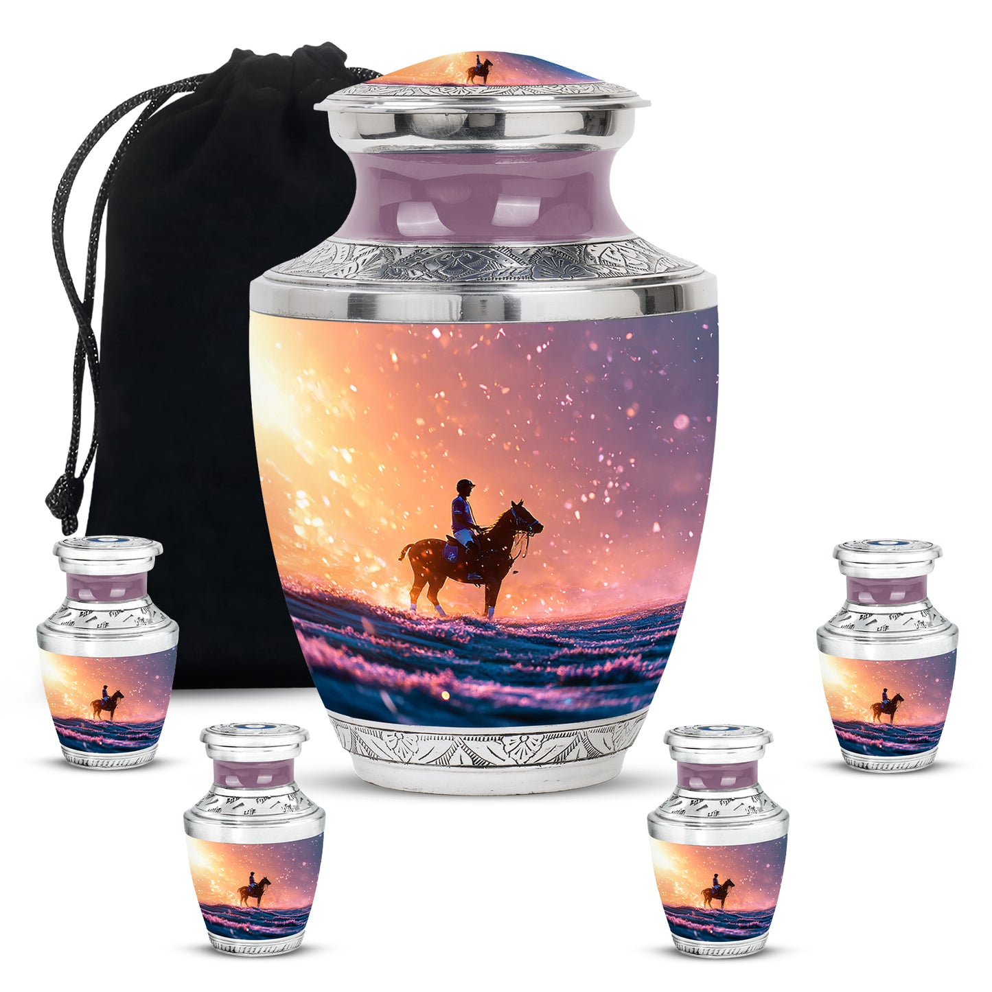 Rich Red Horse Polo Cremation Urn lifestyle display on memorial shelf - artistic horse polo interpretation with creative detail - memorial set with one large and four small urns