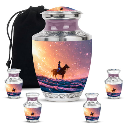 Rich Red Horse Polo Cremation Urn lifestyle display on memorial shelf - artistic horse polo interpretation with creative detail - memorial set with one large and four small urns