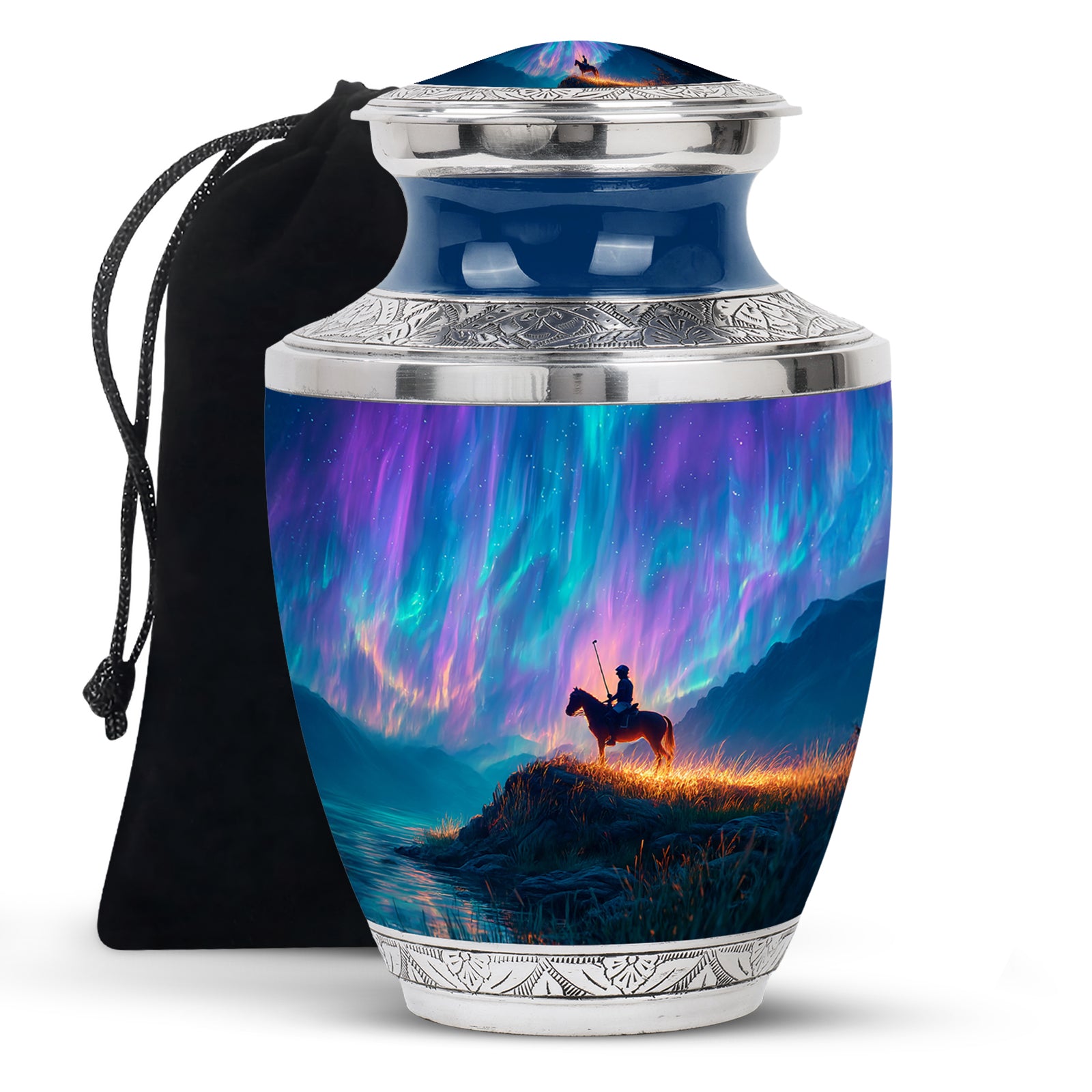 Bright Blue Horse Polo Cremation Urn side profile showing urn shape - artistic horse polo interpretation with creative detail - full-size 10 inch 200 cubic inch adult cremation urn