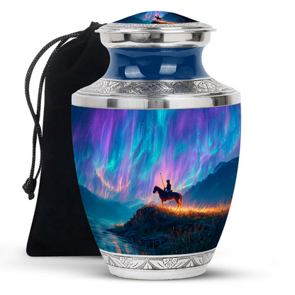 Bright Blue Horse Polo Cremation Urn side profile showing urn shape - artistic horse polo interpretation with creative detail - full-size 10 inch 200 cubic inch adult cremation urn