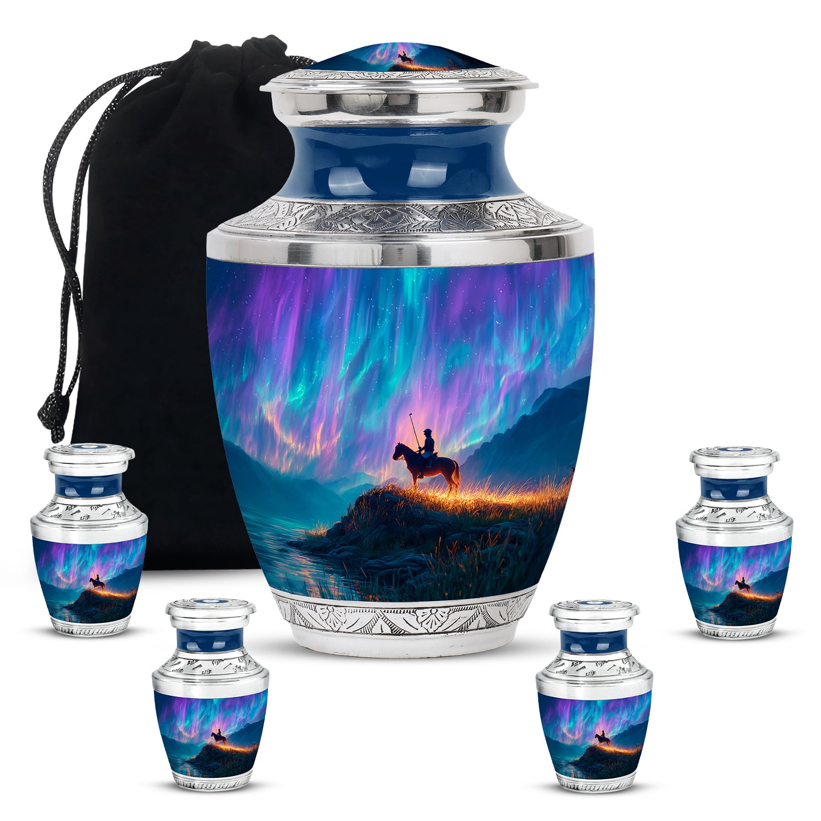 Steel Blue Horse Polo Cremation Urn lifestyle display on memorial shelf - stylized abstract horse polo pattern with bold lines - memorial set with one large and four small urns