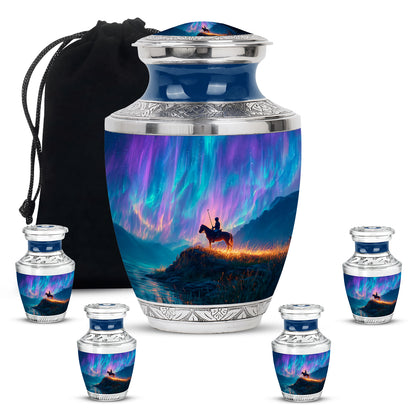 Steel Blue Horse Polo Cremation Urn lifestyle display on memorial shelf - stylized abstract horse polo pattern with bold lines - memorial set with one large and four small urns