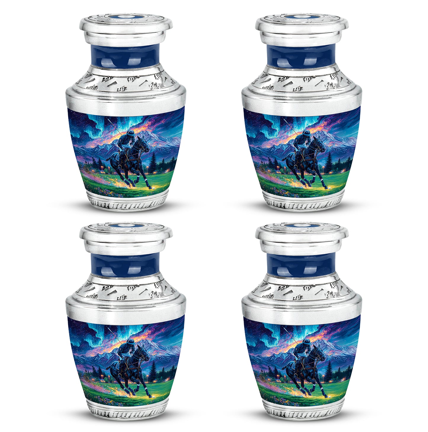 Navy Blue Horse Polo Cremation Urn back view with polished surface - modern art-inspired horse polo motif on sleek aluminum - 10 inch aluminum urn for cremated remains