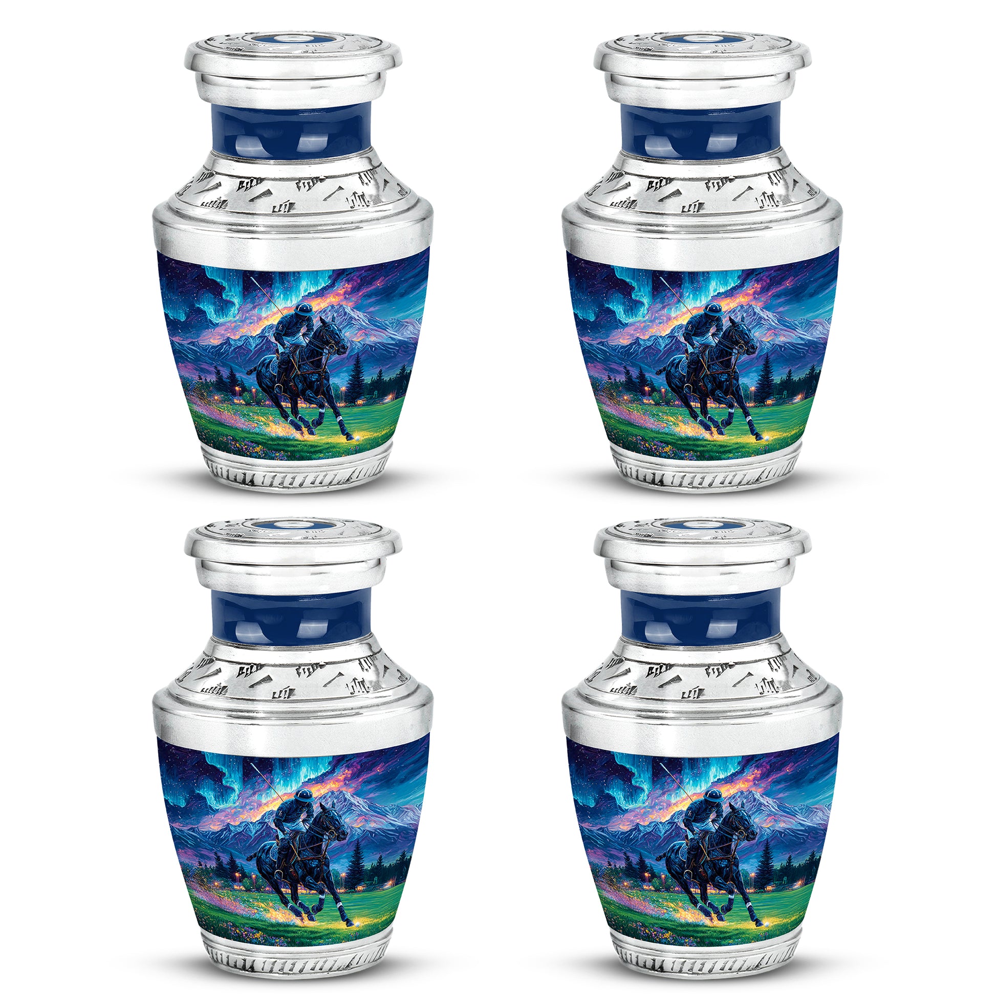 Navy Blue Horse Polo Cremation Urn back view with polished surface - modern art-inspired horse polo motif on sleek aluminum - 10 inch aluminum urn for cremated remains