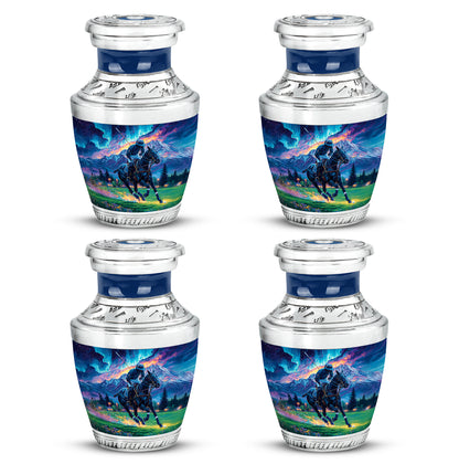 Navy Blue Horse Polo Cremation Urn back view with polished surface - modern art-inspired horse polo motif on sleek aluminum - 10 inch aluminum urn for cremated remains
