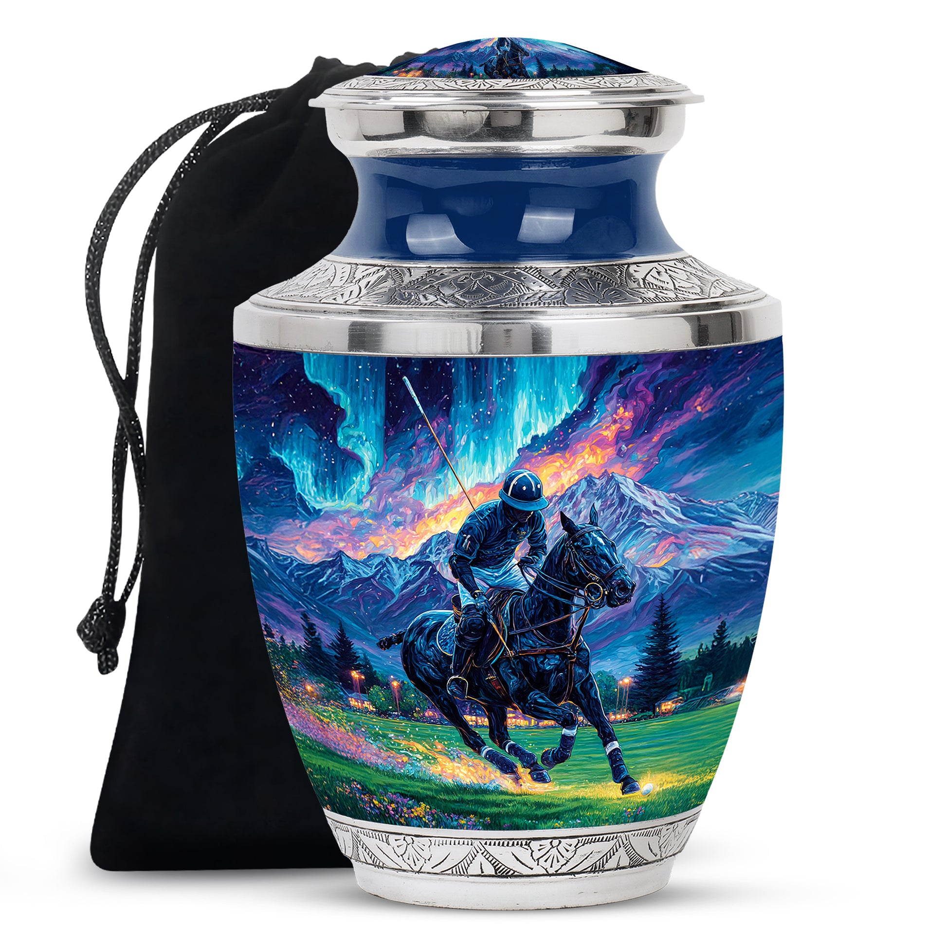 Celestial Blue Horse Polo Cremation Urn side profile showing urn shape - modern art-inspired horse polo motif on sleek aluminum - full-size 10 inch 200 cubic inch adult cremation urn
