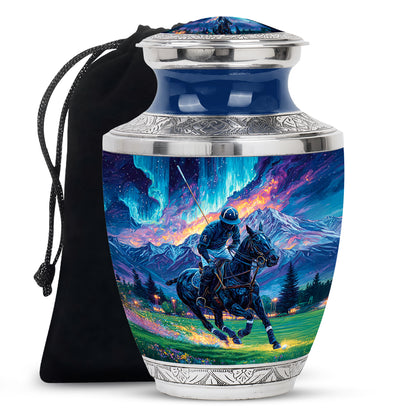 Celestial Blue Horse Polo Cremation Urn side profile showing urn shape - modern art-inspired horse polo motif on sleek aluminum - full-size 10 inch 200 cubic inch adult cremation urn