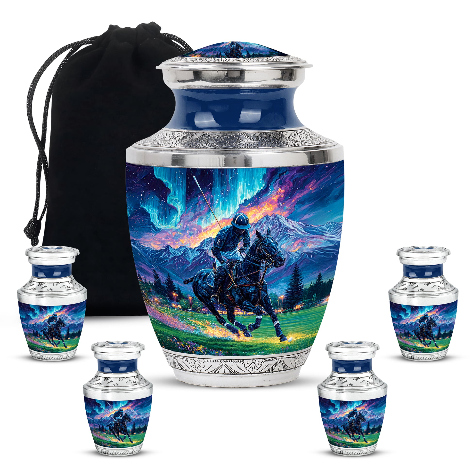 Azure Horse Polo Cremation Urn lifestyle display on memorial shelf - contemporary horse polo design with modern artistic flair - memorial set with one large and four small urns