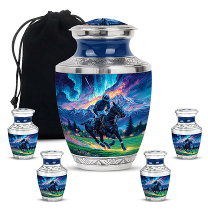 Azure Horse Polo Cremation Urn lifestyle display on memorial shelf - contemporary horse polo design with modern artistic flair - memorial set with one large and four small urns