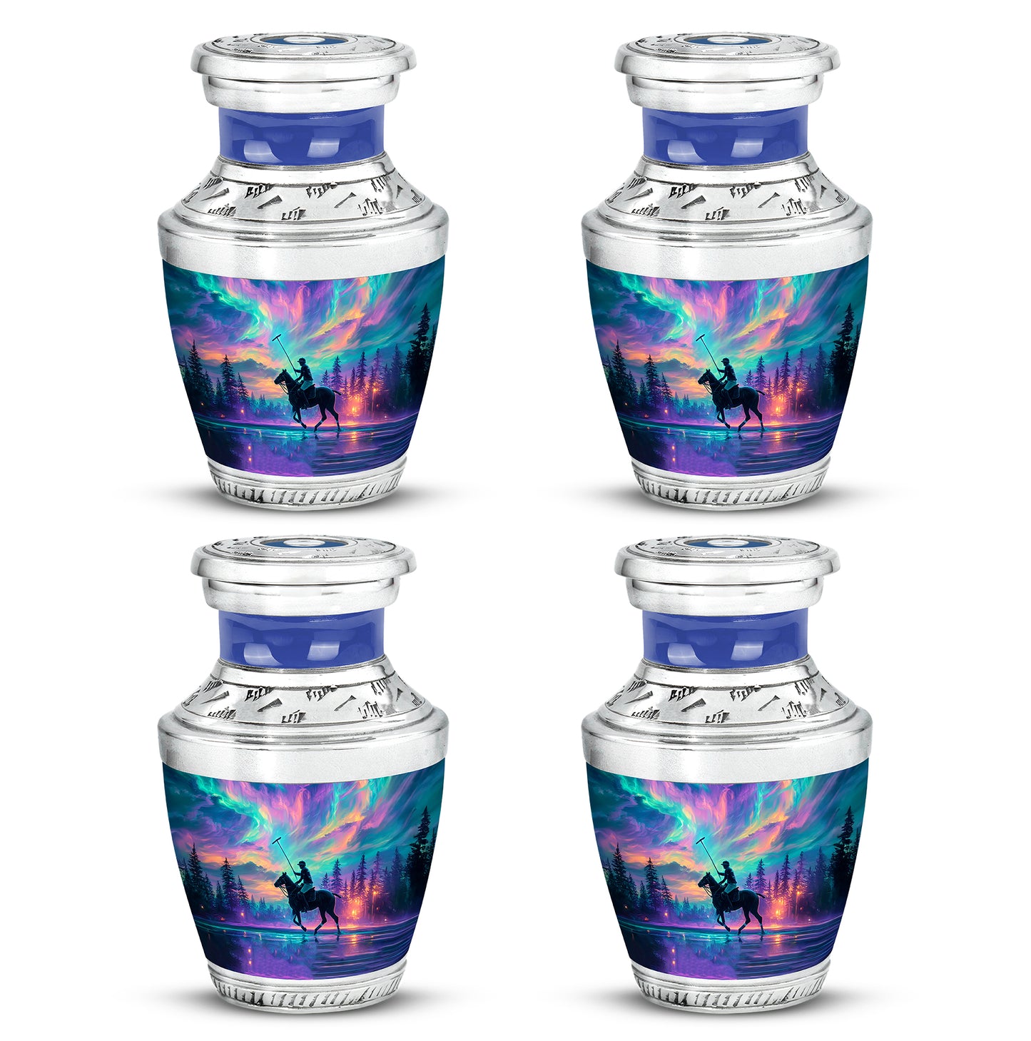 Bright Blue Horse Polo Cremation Urn back view with polished surface - artistic horse polo interpretation with creative detail - 10 inch aluminum urn for cremated remains