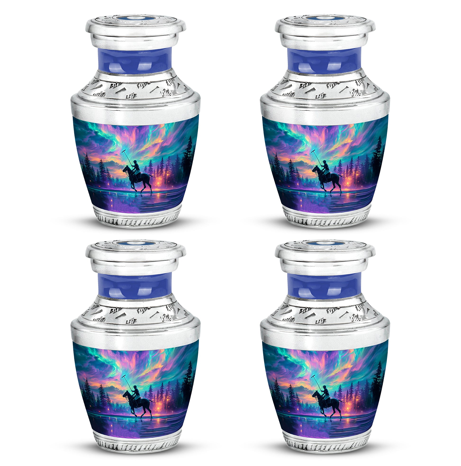 Bright Blue Horse Polo Cremation Urn back view with polished surface - artistic horse polo interpretation with creative detail - 10 inch aluminum urn for cremated remains