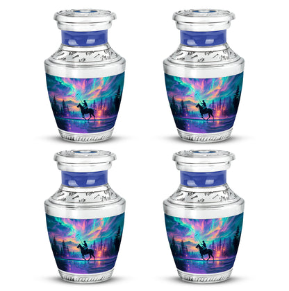 Bright Blue Horse Polo Cremation Urn back view with polished surface - artistic horse polo interpretation with creative detail - 10 inch aluminum urn for cremated remains
