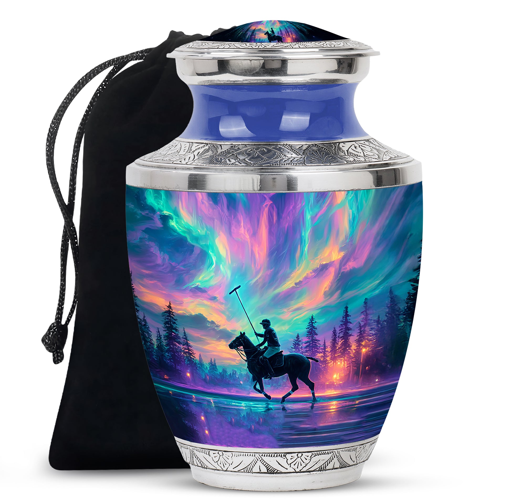 Vivid Blue Horse Polo Cremation Urn side profile showing urn shape - artistic horse polo interpretation with creative detail - full-size 10 inch 200 cubic inch adult cremation urn